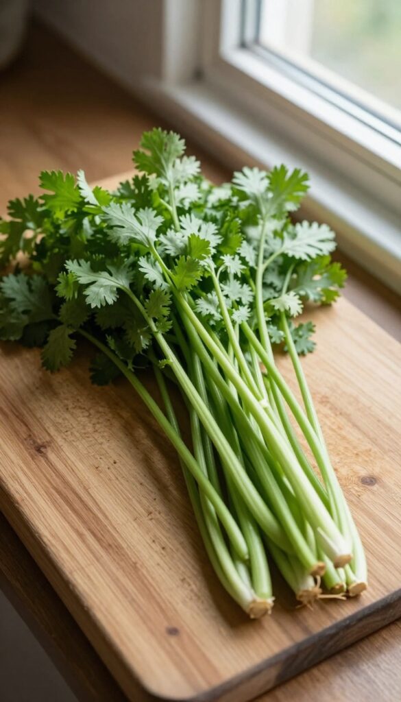 Fresh cilantro on a wooden cutting board in natural light