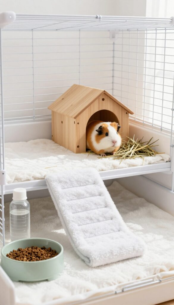 Guinea pig cage with a safe loft level, fleece ramp, hideout, and hay pile, bright natural light.