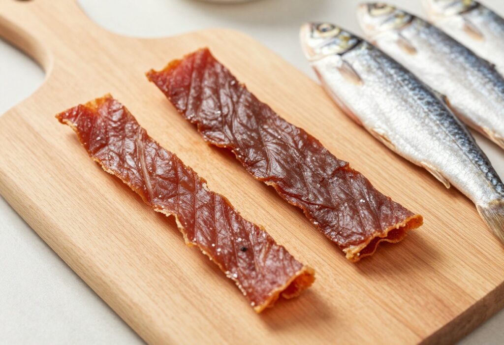 Homemade fish dog jerky arranged on a wooden board, showing crunchy salmon and whitefish treats.