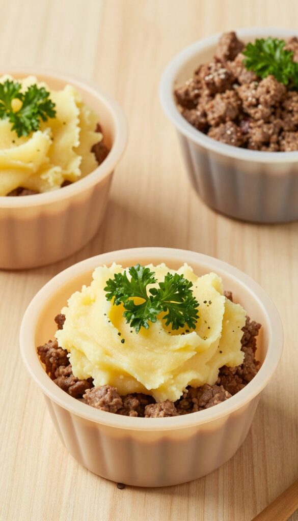 Homemade dog food portion cup with beef and sweet potato, topped with parsley, on a wooden surface.