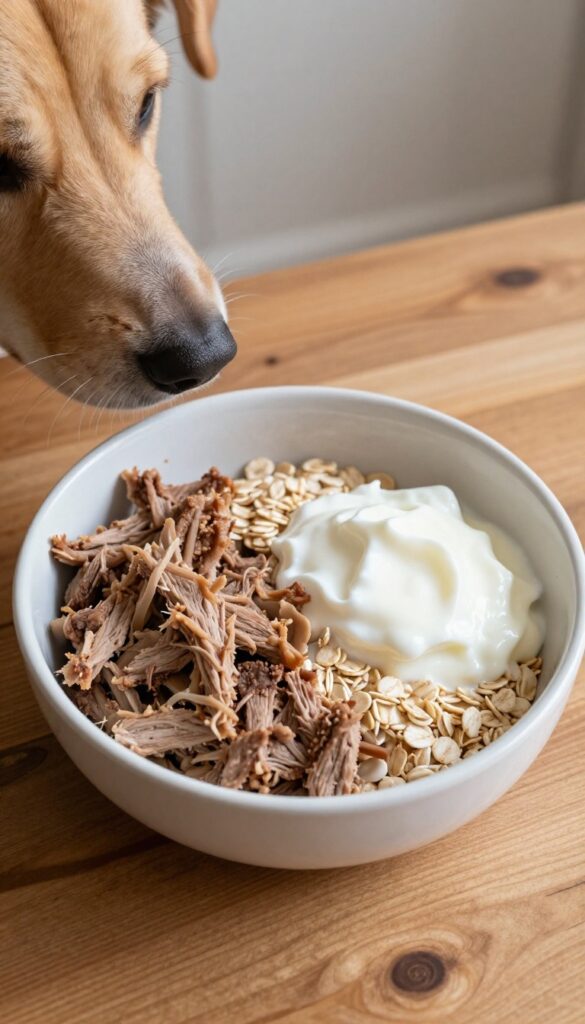 Homemade dog breakfast bowl with lean pork, rolled oats, and plain yogurt in a ceramic bowl on a wooden table, natural lighting.