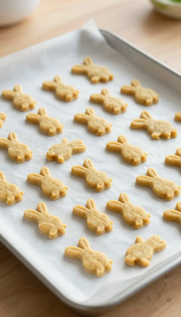 Homemade rabbit liver training treats for dogs, baked on a parchment-lined baking sheet.