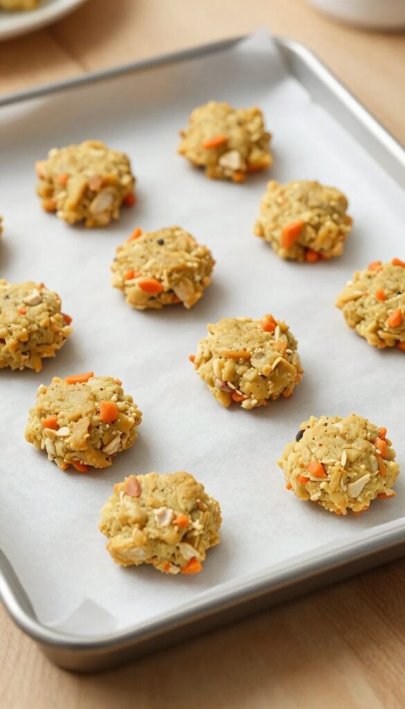 Homemade chicken and carrot mini patties for dogs arranged on a parchment-lined baking sheet in natural light.