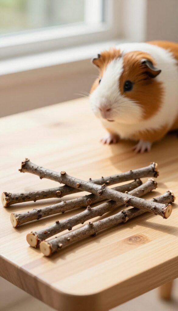 Apple tree twigs for guinea pig chew toy on a wooden table with a guinea pig in background