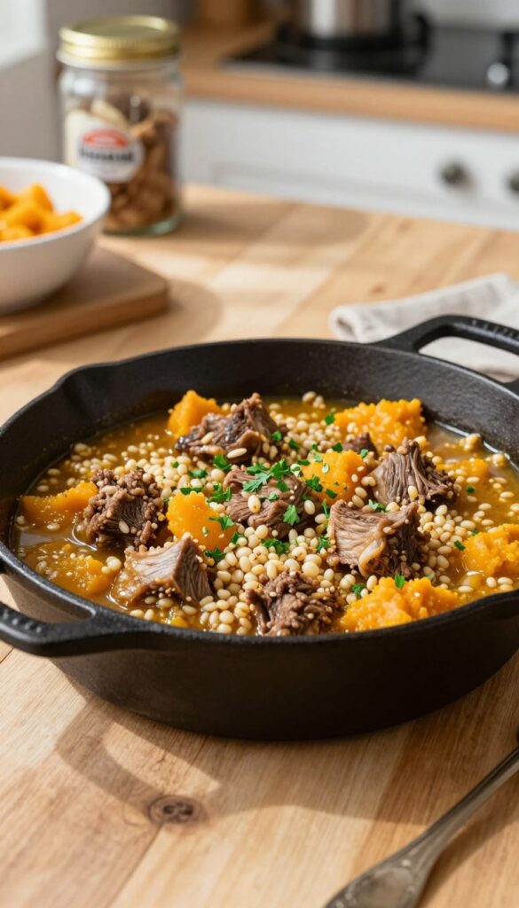 One-pan lamb and barley stew for dogs in a cast-iron skillet, with pumpkin and parsley garnish, on a wooden table in natural light.