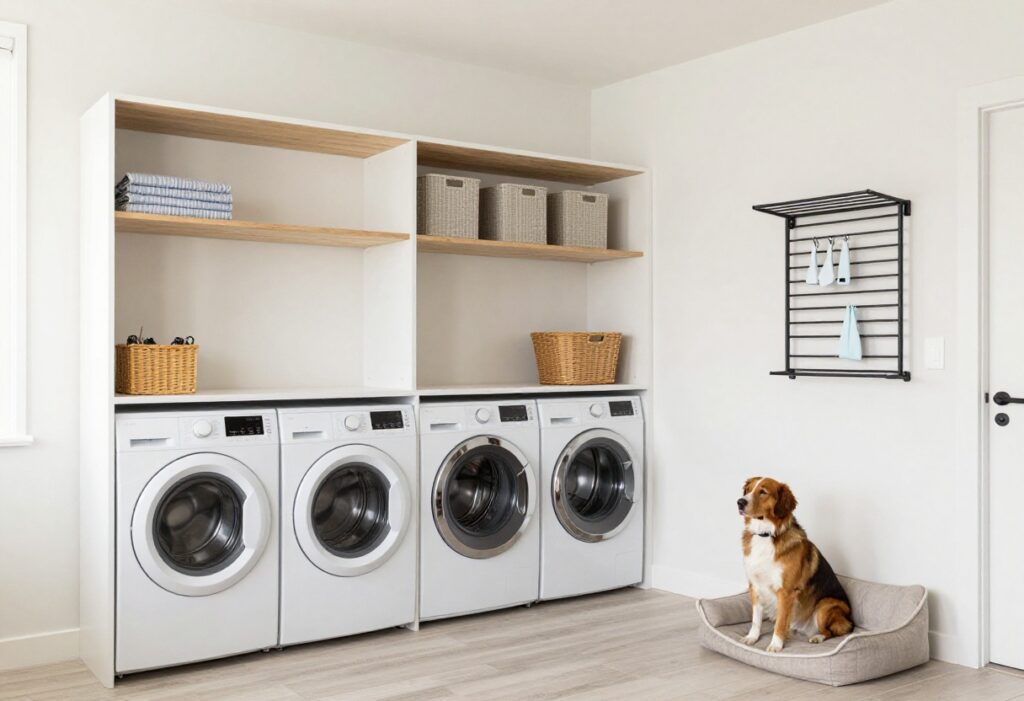 Bright laundry room with dog feeding station and organized storage