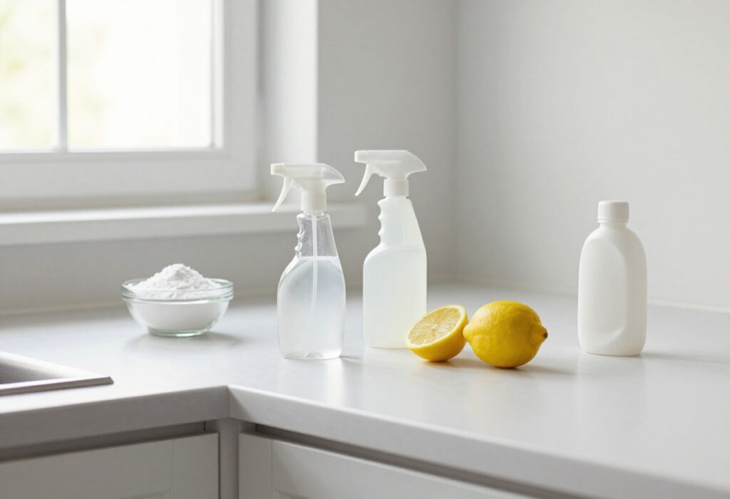 Homemade cleaning supplies on a kitchen counter including a spray bottle, baking soda, lemon, and vinegar.