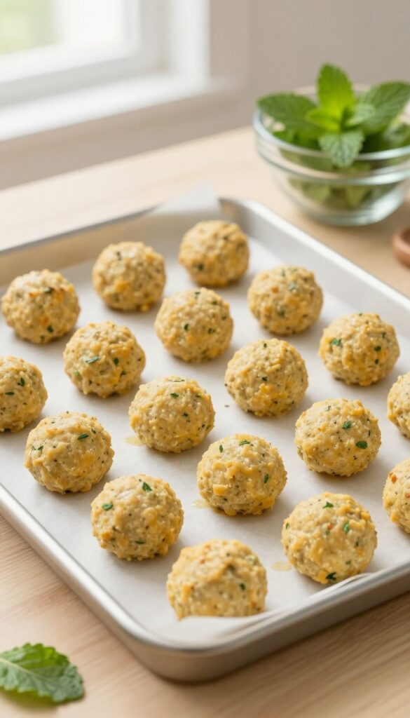 Homemade lamb and mint dog meatballs baked on a parchment-lined baking sheet, with fresh mint leaves nearby, photorealistic pet food photography.