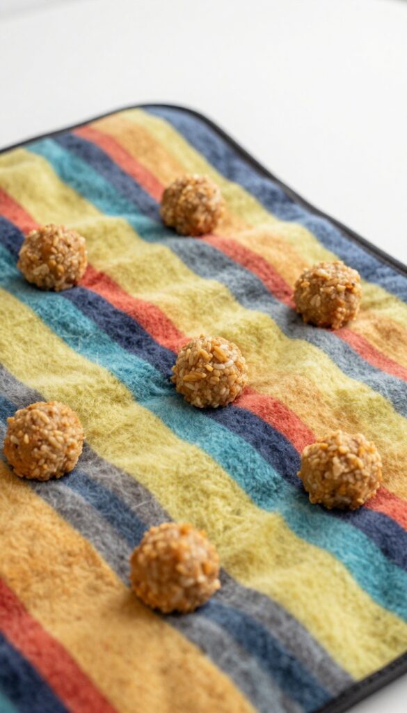 Snuffle mat with homemade chicken and rice mini meatballs hidden in the fabric folds for dog enrichment.