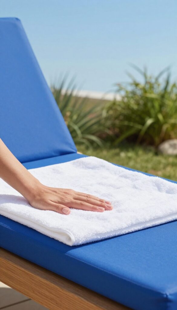 Hands pressing a dry towel on a wet outdoor cushion to absorb excess water