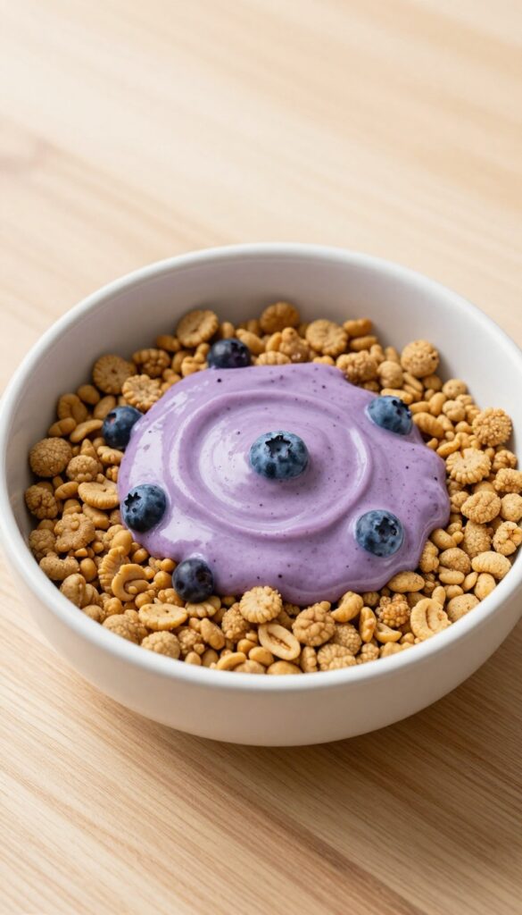 Homemade creamy goat milk and blueberry drizzle topper over dog kibble in a white bowl, natural lighting, pet food photography