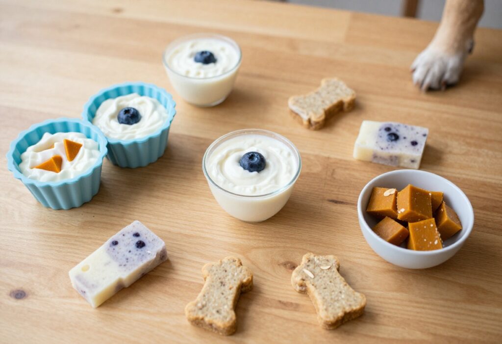 Homemade kefir dog treats including frozen pops, cubes, and baked bites on a wooden table with a dog's paw reaching for them.