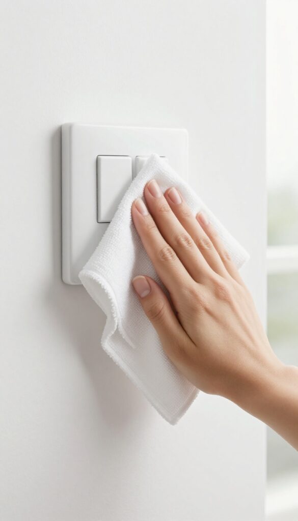 Hand wiping a light switch with a microfiber cloth during Sunday cleaning