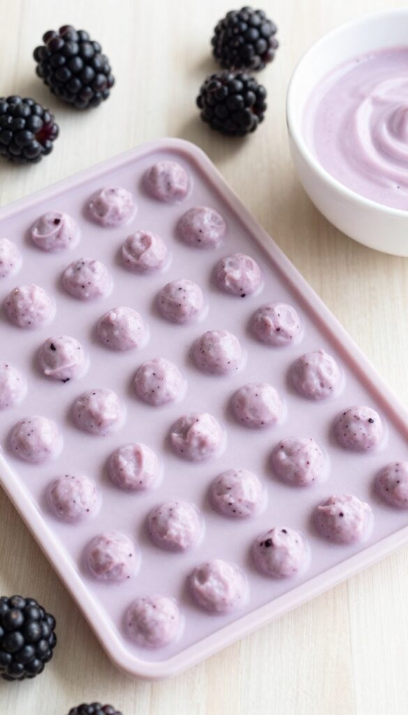 Frozen blackberry yogurt dog treats in a silicone mold tray, with fresh blackberries and yogurt nearby.