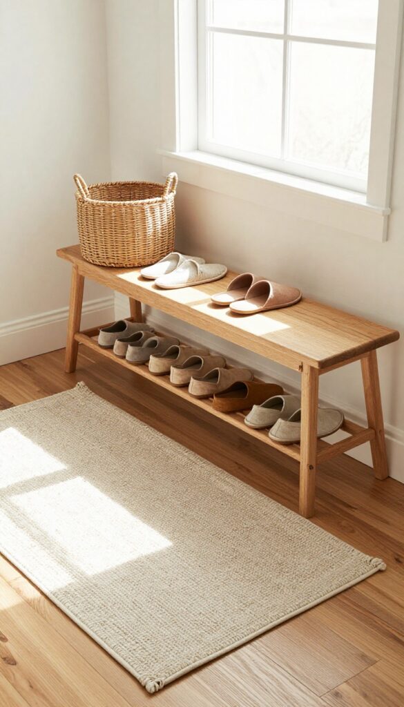 Cozy entryway with bench, shoe basket, rug, and slippers for a no-shoes policy
