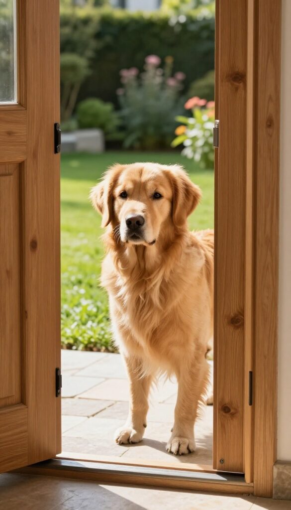 Dog using a doggy door to access a sunny garden