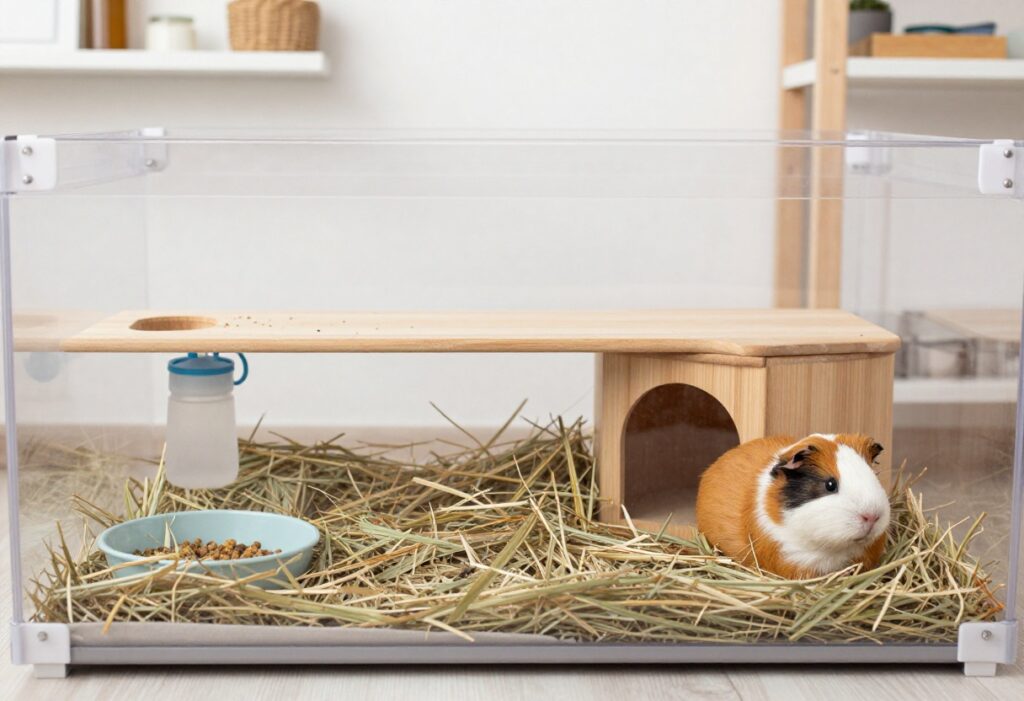 DIY guinea pig house in a small corner with fleece hideaway and hay rack