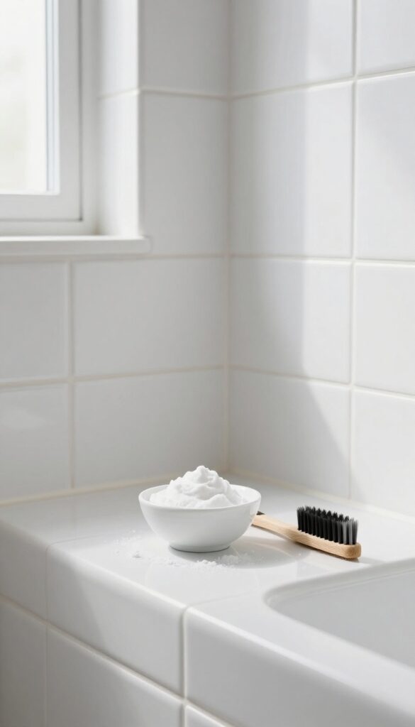 Baking soda paste on toothbrush for cleaning grout lines in a bright bathroom