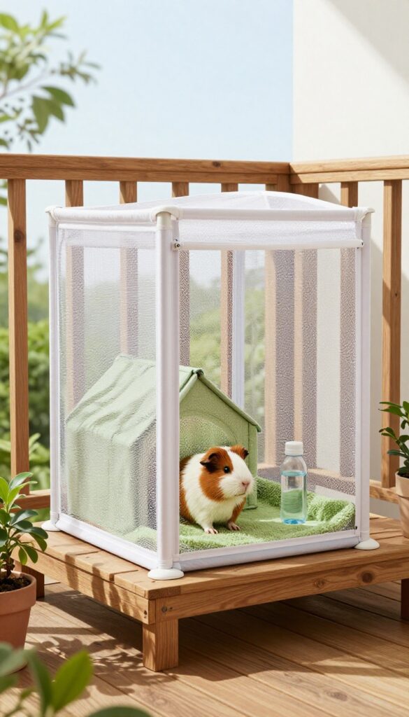 Pop-up mesh catio on a balcony with guinea pigs inside, hidey house and water bottle, potted plants nearby, bright natural light