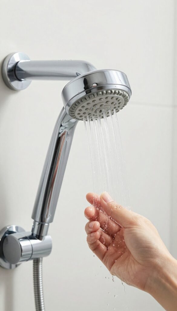 Hand rubbing rubber nozzles on a shower head with water running