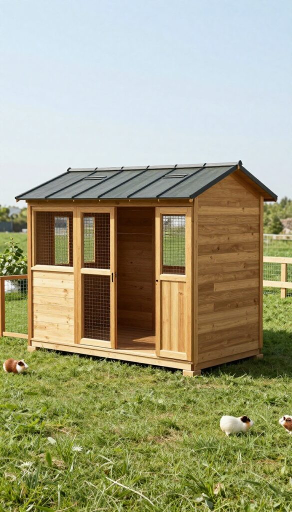 Custom wooden shed with attached outdoor run for guinea pigs in a sunny backyard