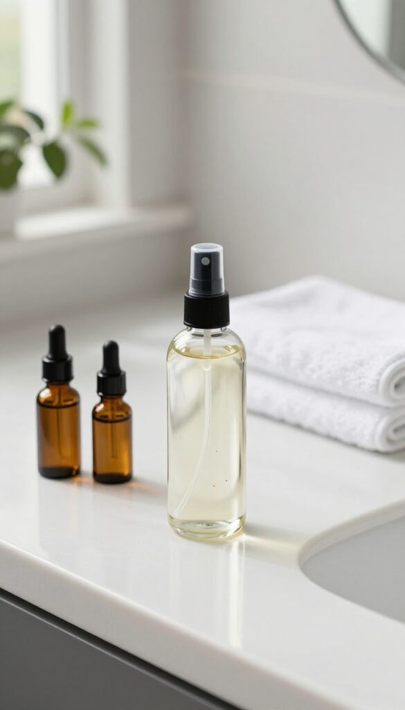 Glass spray bottle with essential oils on a bathroom counter, natural light, spa-like atmosphere