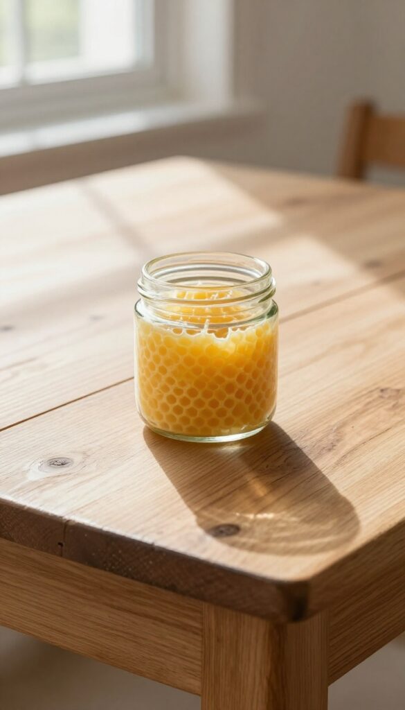 Applying homemade beeswax and mineral oil polish to a wooden table