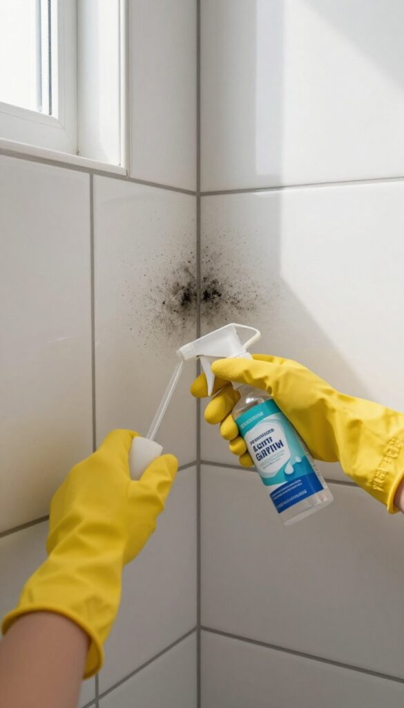 Hand in yellow rubber glove spraying commercial grout cleaner onto moldy shower grout