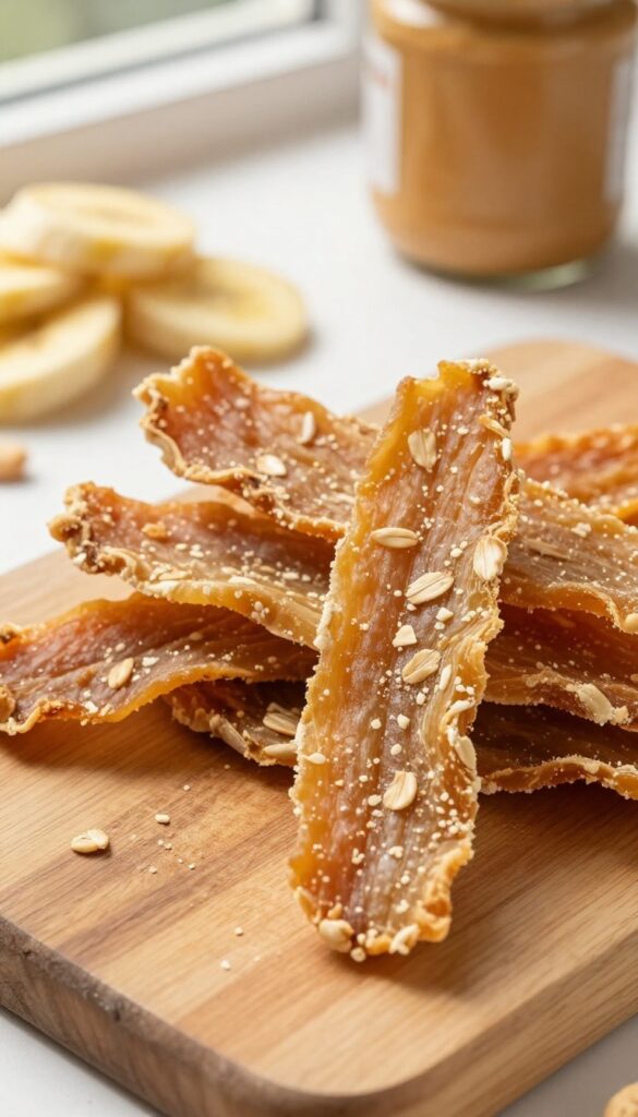 Homemade peanut butter and banana dog jerky strips on a wooden board, natural lighting, chewy texture.