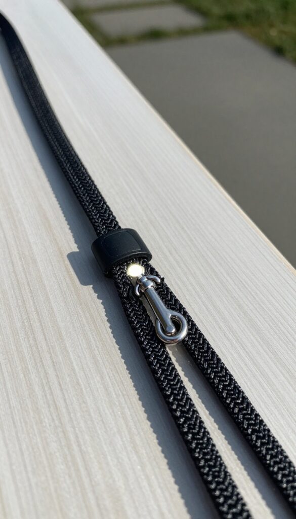 Reflective paracord dog leash on wooden surface with flashlight highlighting its glow, dusk background, photorealistic blog style.
