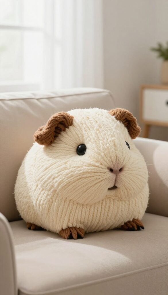 Large guinea pig crochet pillow on a cozy sofa