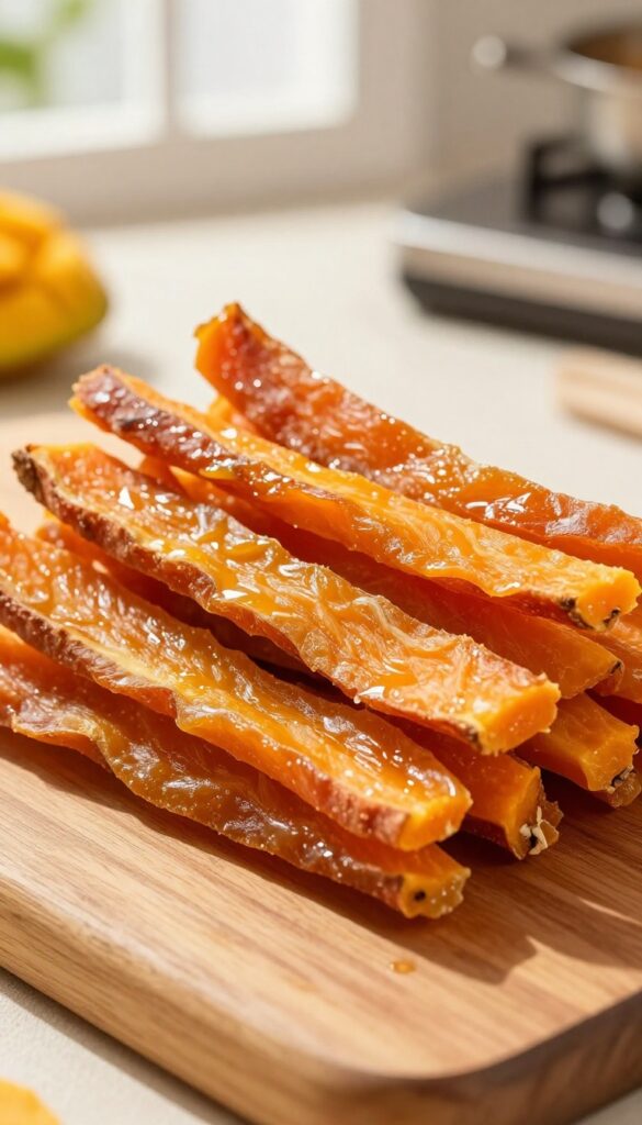 Homemade mango sweet potato jerky dog treats arranged on a wooden cutting board in natural light.