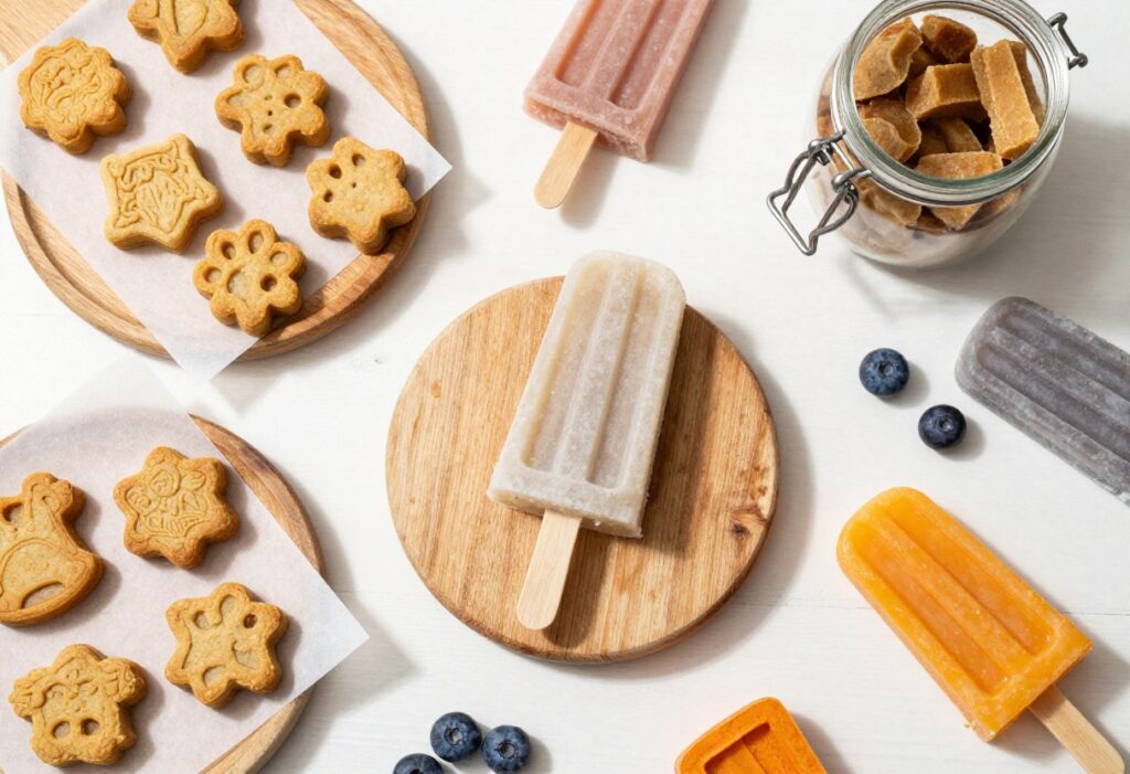 Homemade goat milk dog treats including frozen pupsicles, baked bites, and soft chews arranged on a wooden board.