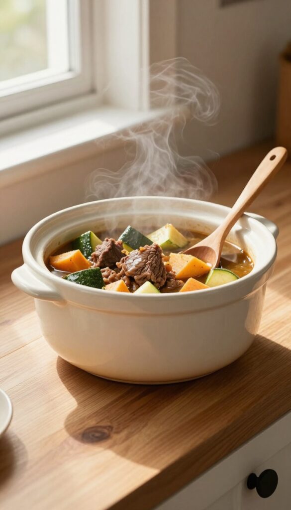 Homemade zucchini and beef slow cooker stew for dogs in a slow cooker, with steam rising, natural kitchen light.
