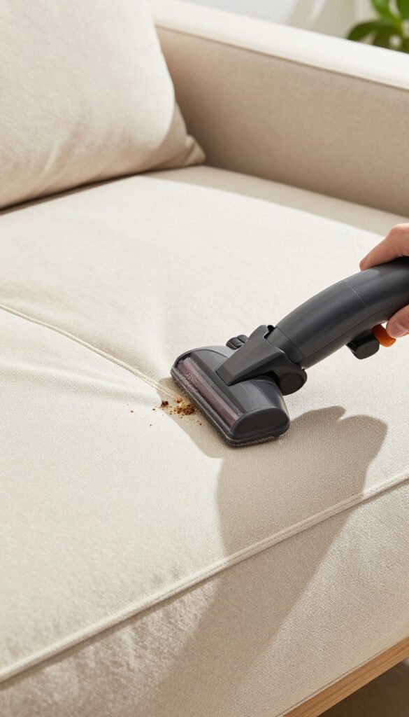 Vacuuming outdoor cushion seam with upholstery attachment in bright sunlight