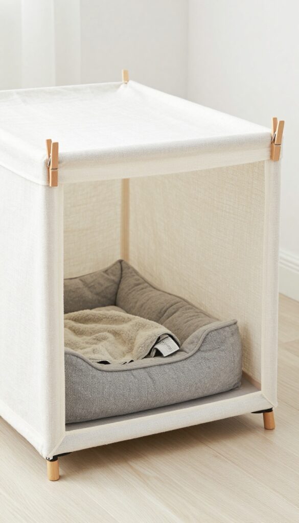 Dog crate with a white linen canopy draped over it, secured with clothespins, creating a cozy den-like retreat in a bright living room.
