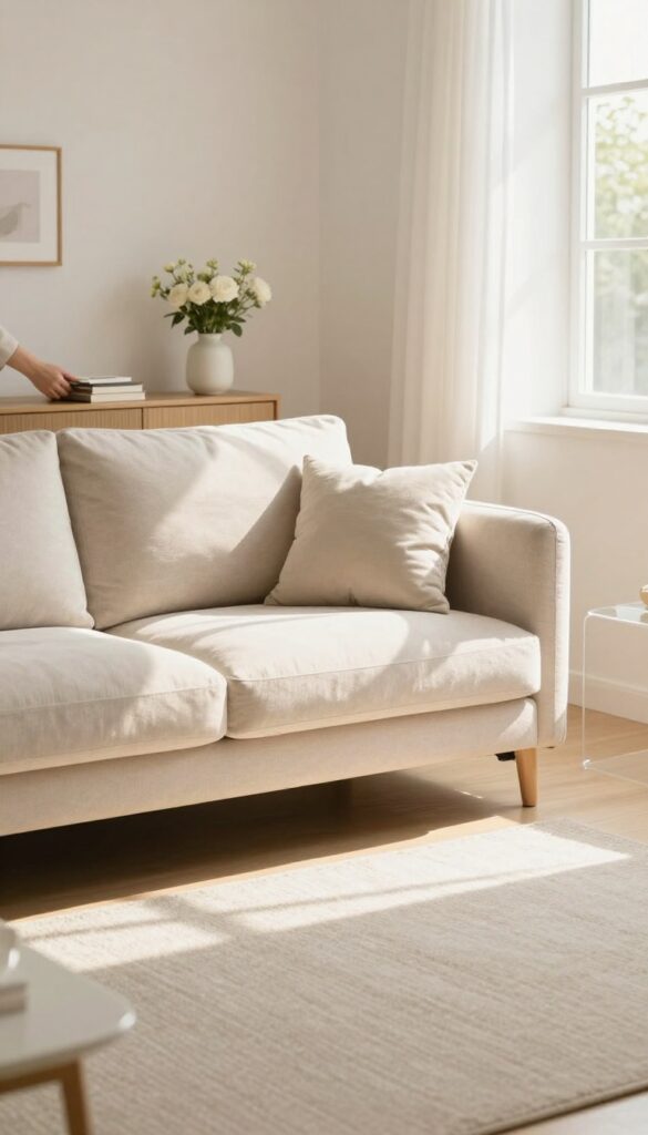 A person tidying a living room with a timer, placing a book on a shelf, bright natural light, clean and organized space.