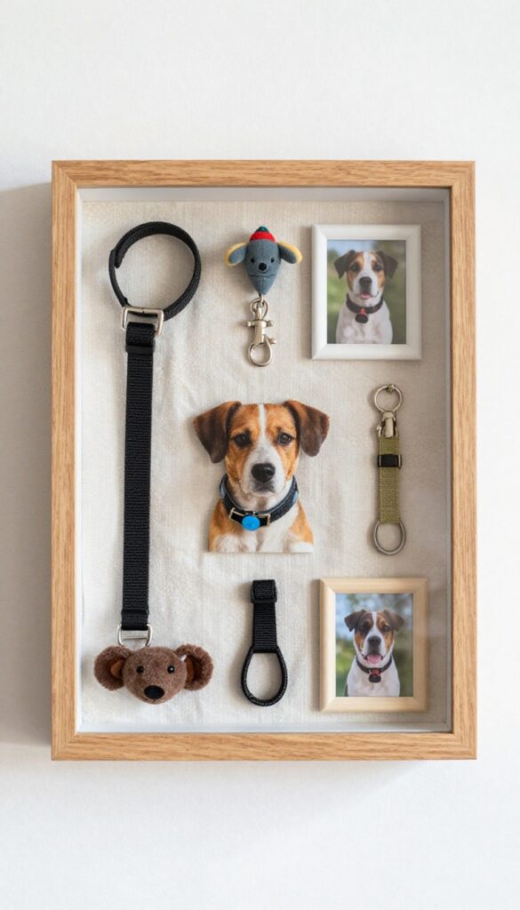 A shadow box memorial display featuring a dog's collar, leash, toy, and photo, arranged on patterned fabric inside a deep wooden frame.