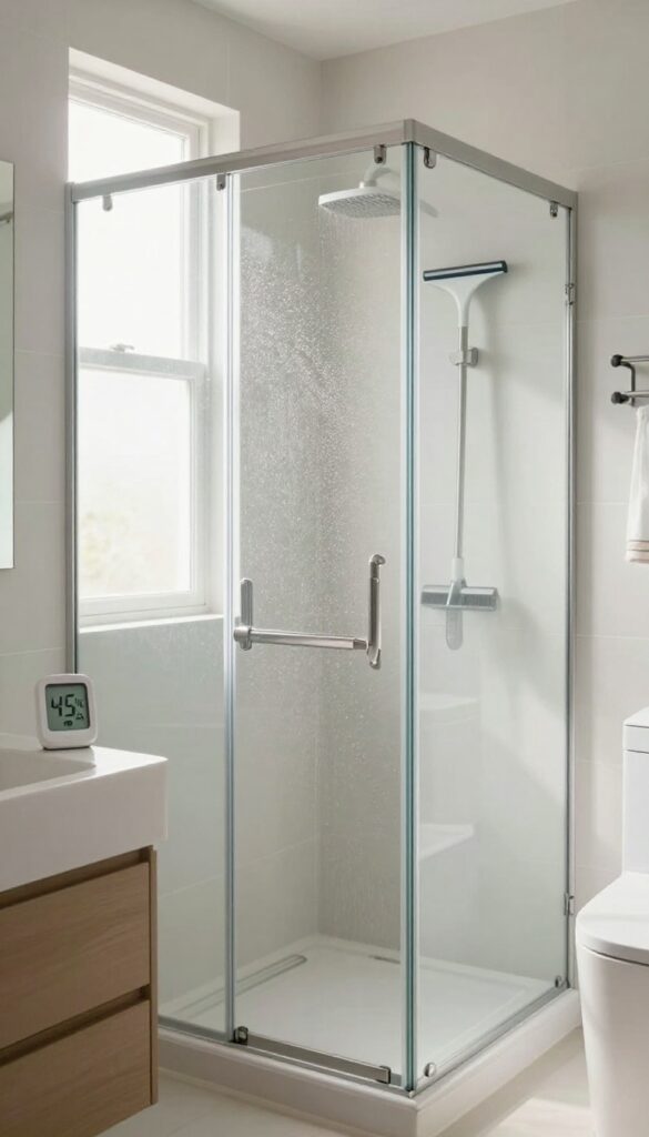 A bright bathroom with a hygrometer, dehumidifier, and squeegee, symbolizing mold prevention through routine checks.