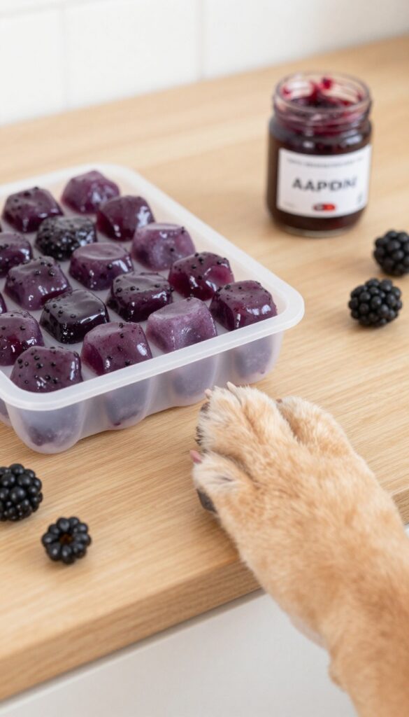 Homemade frozen blackberry and applesauce dog treat cubes in a silicone mold, with a dog paw reaching toward them.