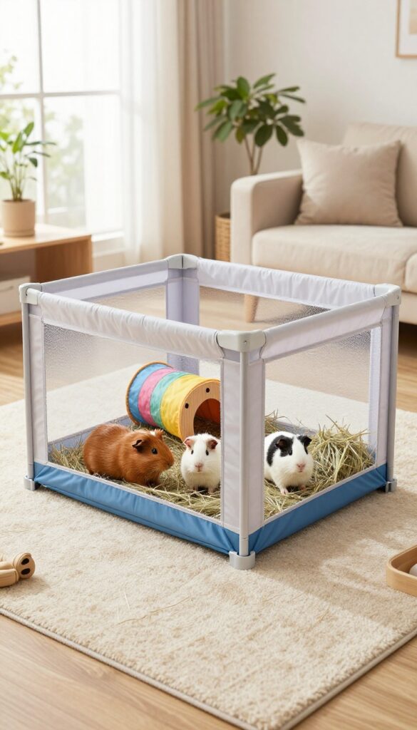 Guinea pigs playing in a safe playpen with tunnel and hideout in a bright living room