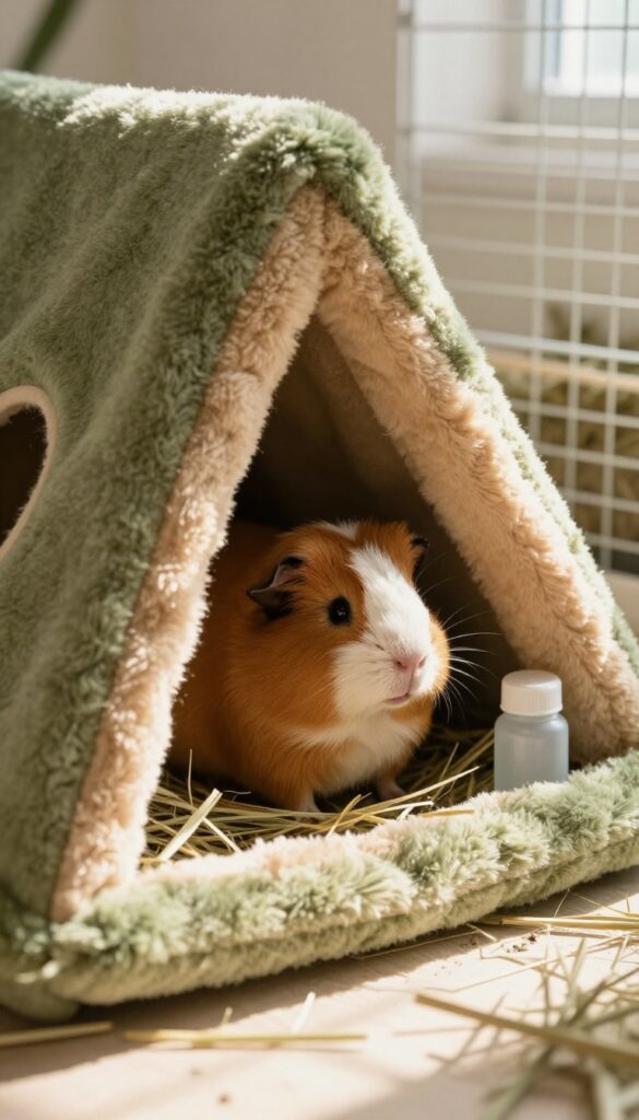 A guinea pig peeking out from a fleece forest hideout in a cage corner, with hay and water bottle nearby.