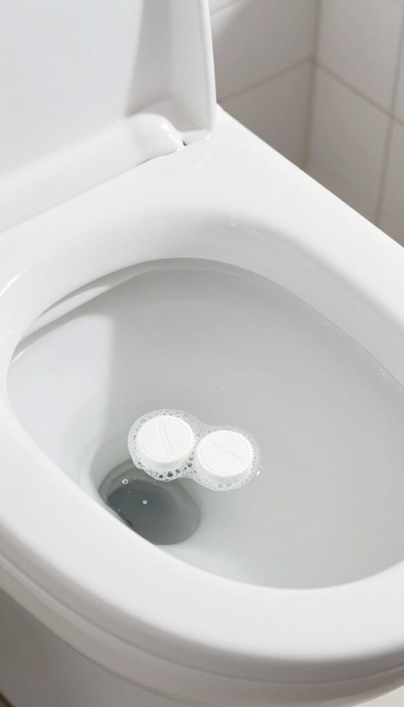 Two effervescent denture tablets fizzing in a clean toilet bowl overnight to remove stains and mineral deposits.