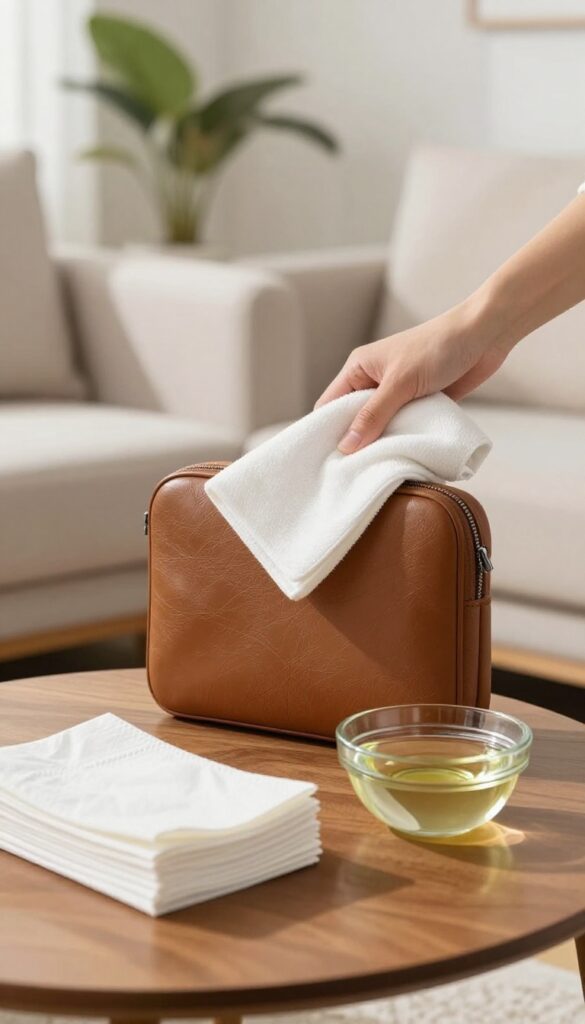 Hand wiping a leather sofa with a cloth, conditioning wipes on a coffee table