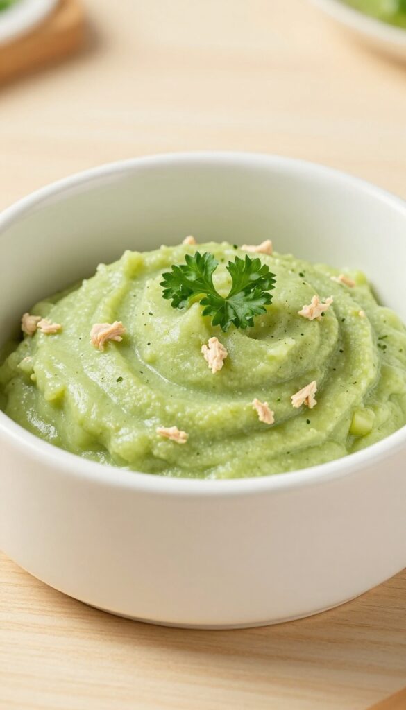 Homemade dog food mash with zucchini and turkey in a bowl, smooth texture, soft lighting, photorealistic pet blog style.