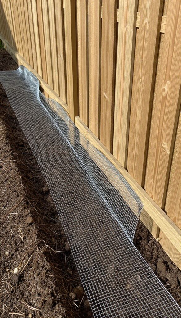 Buried hardware cloth barrier installation along a wooden fence to prevent dog digging