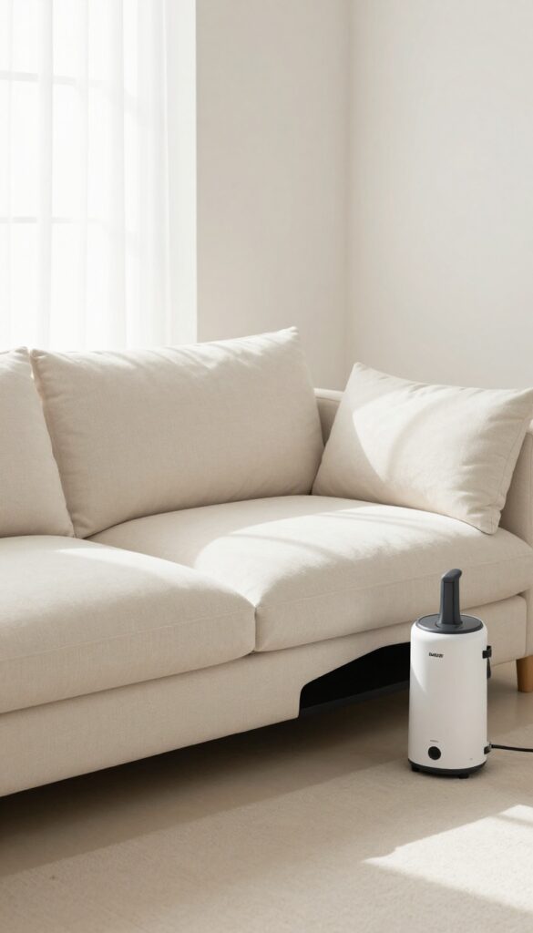 Ozone treatment machine next to a clean sofa in a bright living room