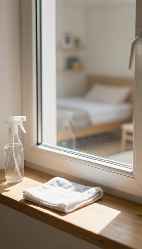 Clean window with sunlight streaming into a bright, organized room