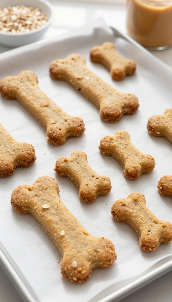 Homemade peanut butter and oat dog biscuits baked golden brown on a parchment-lined baking sheet, shaped like bones.