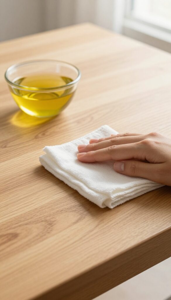 Olive oil and vinegar mixture on a wooden table being polished with a cloth